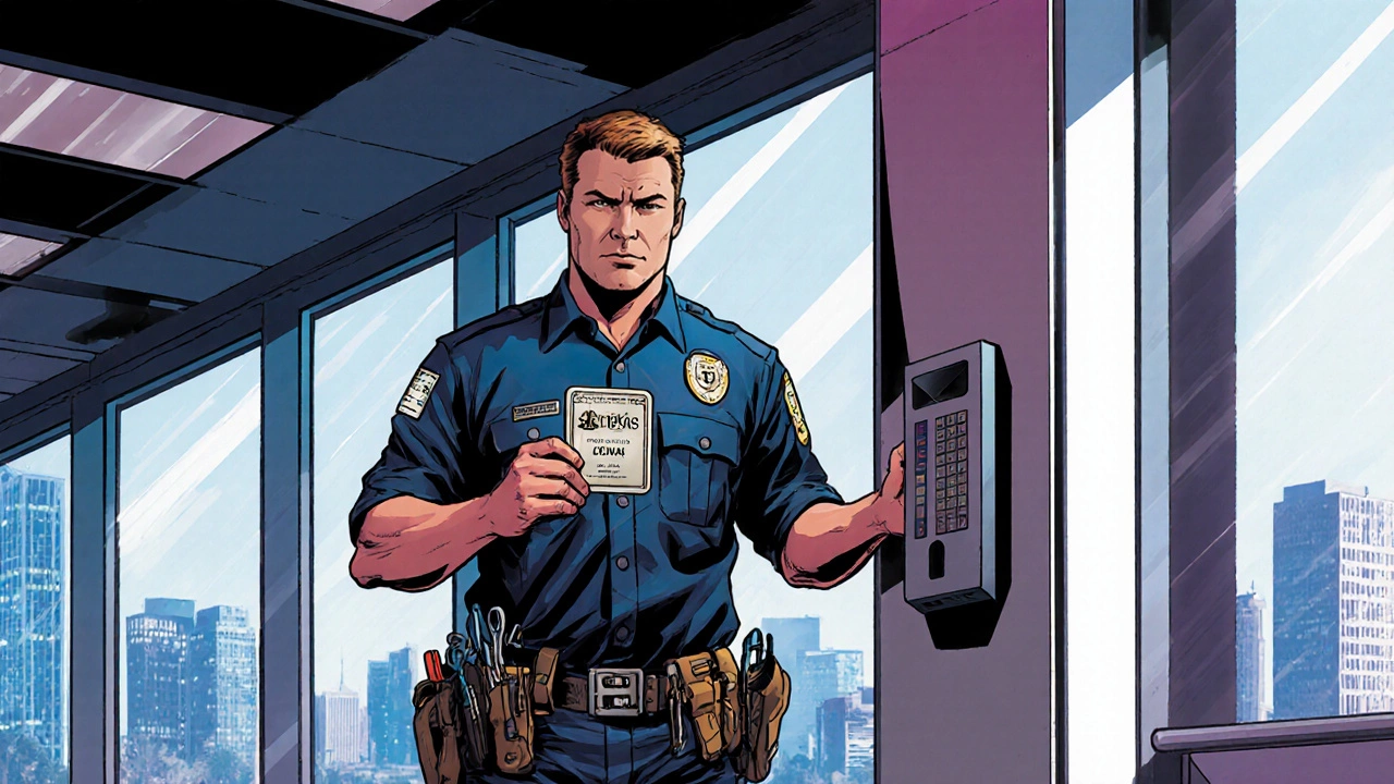Certified locksmith holding a badge beside a high‑security panel inside a commercial lobby.