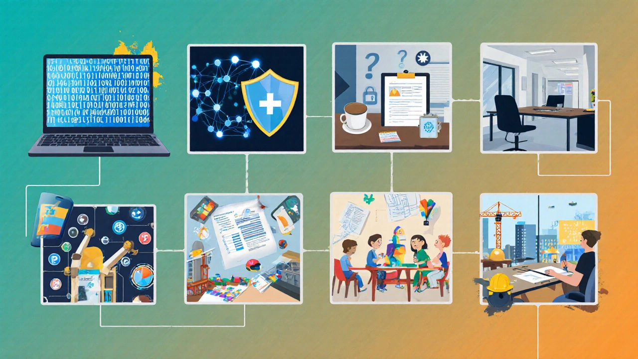 Collage of eight career fields: cybersecurity, data analytics, business admin, healthcare, digital marketing, early childhood, construction, graphic design.