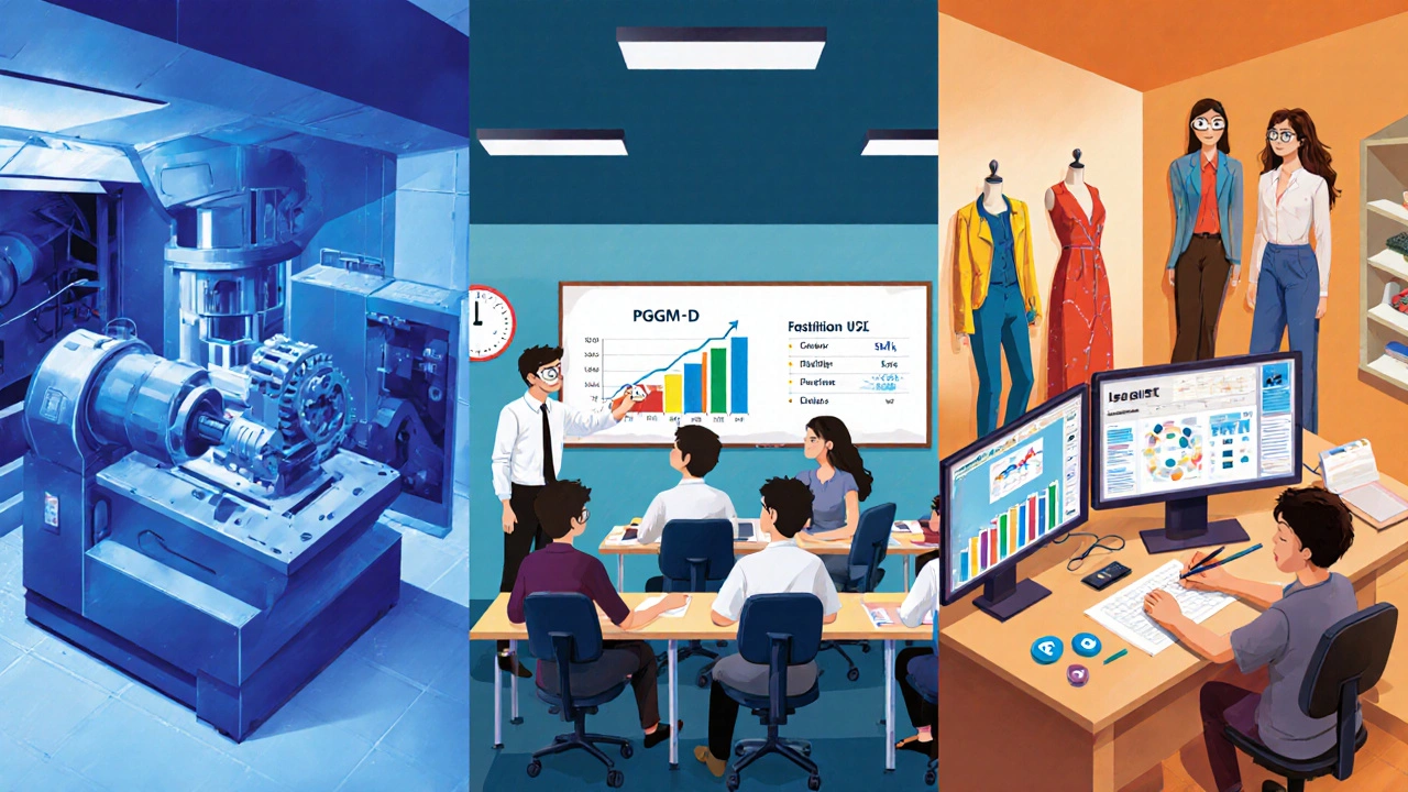 Collage of engineering lab, business classroom, fashion studio, and digital marketing desk.
