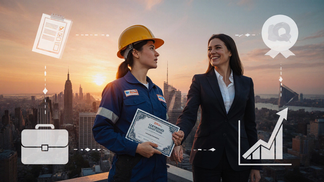 Confident female electrician with tools stands beside a mentor, holding a certificate against a city backdrop.