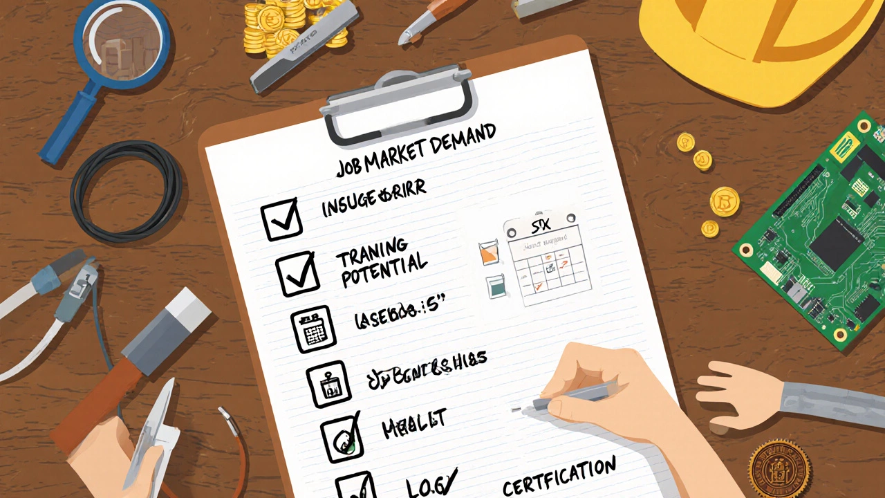 Desk with a checklist and icons illustrating trade‑selection criteria among scattered tools.