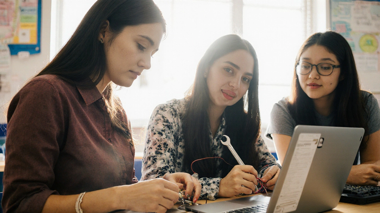 Diverse women learning hands-on trades in a community college workshop.