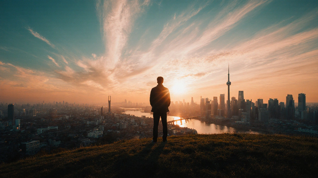 Figure looks over combined skylines of top English‑proficient nations at sunrise.
