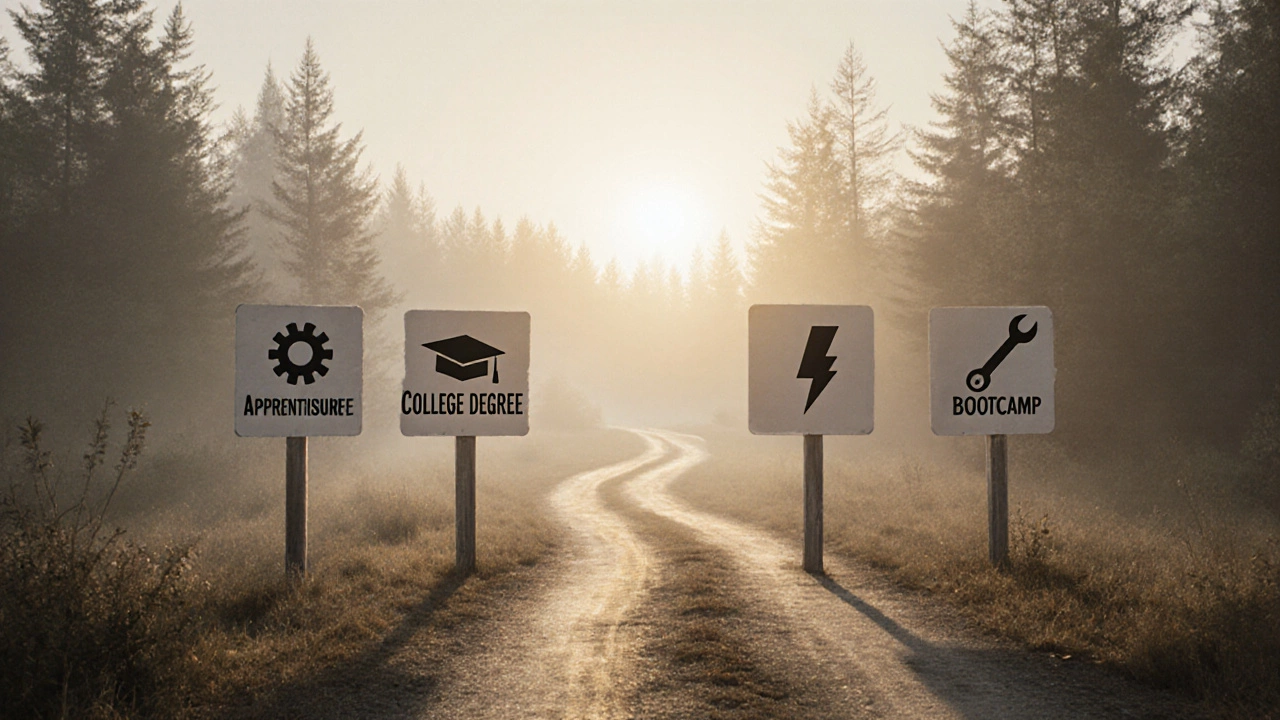 Forest crossroads with four signposts showing icons for apprenticeship, degree, bootcamp, and technical training.