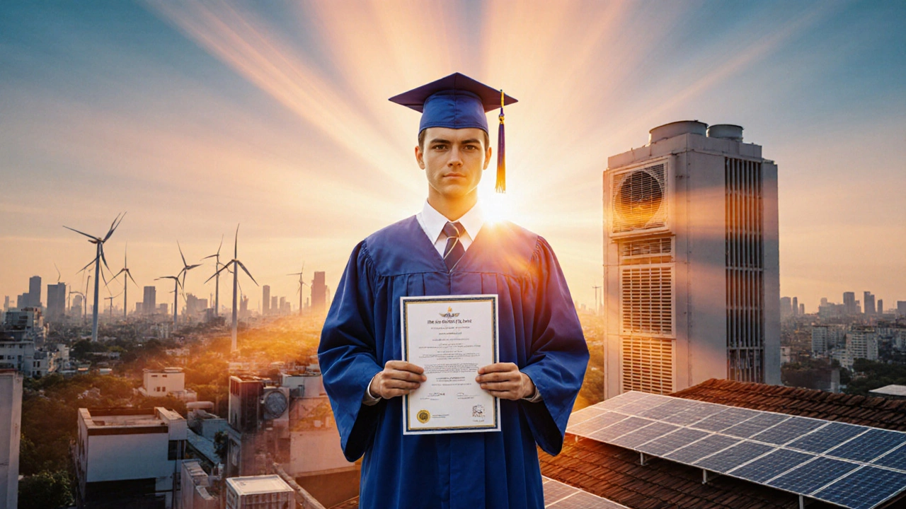 Graduate holding a certificate against a sunrise city skyline with solar panels and HVAC units.