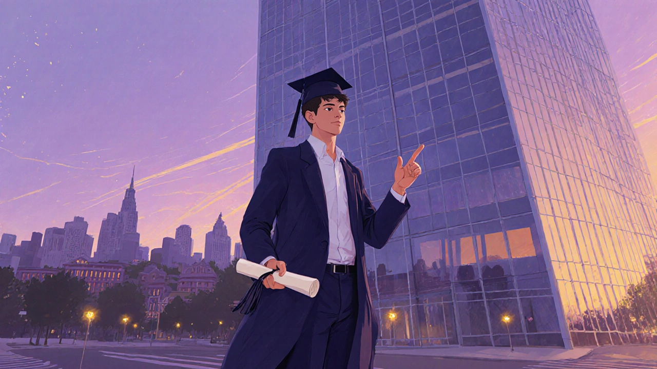 Graduate holding a diploma, standing before a glass office building at sunset, symbolizing career start.