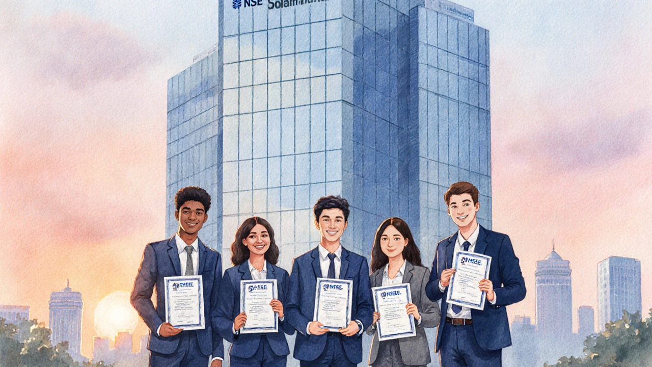 Graduates holding certificates in front of NSE Academy building at sunrise.