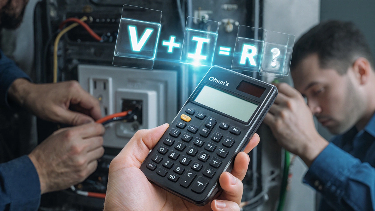 Hand holding a calculator with floating Ohm’s Law formulas, surrounded by blurred electrical work scenes.