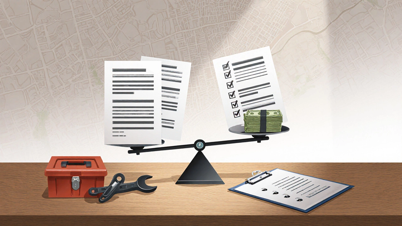 Homeowner reviewing three written quotes beside a checklist and a scale balancing tools and cash.
