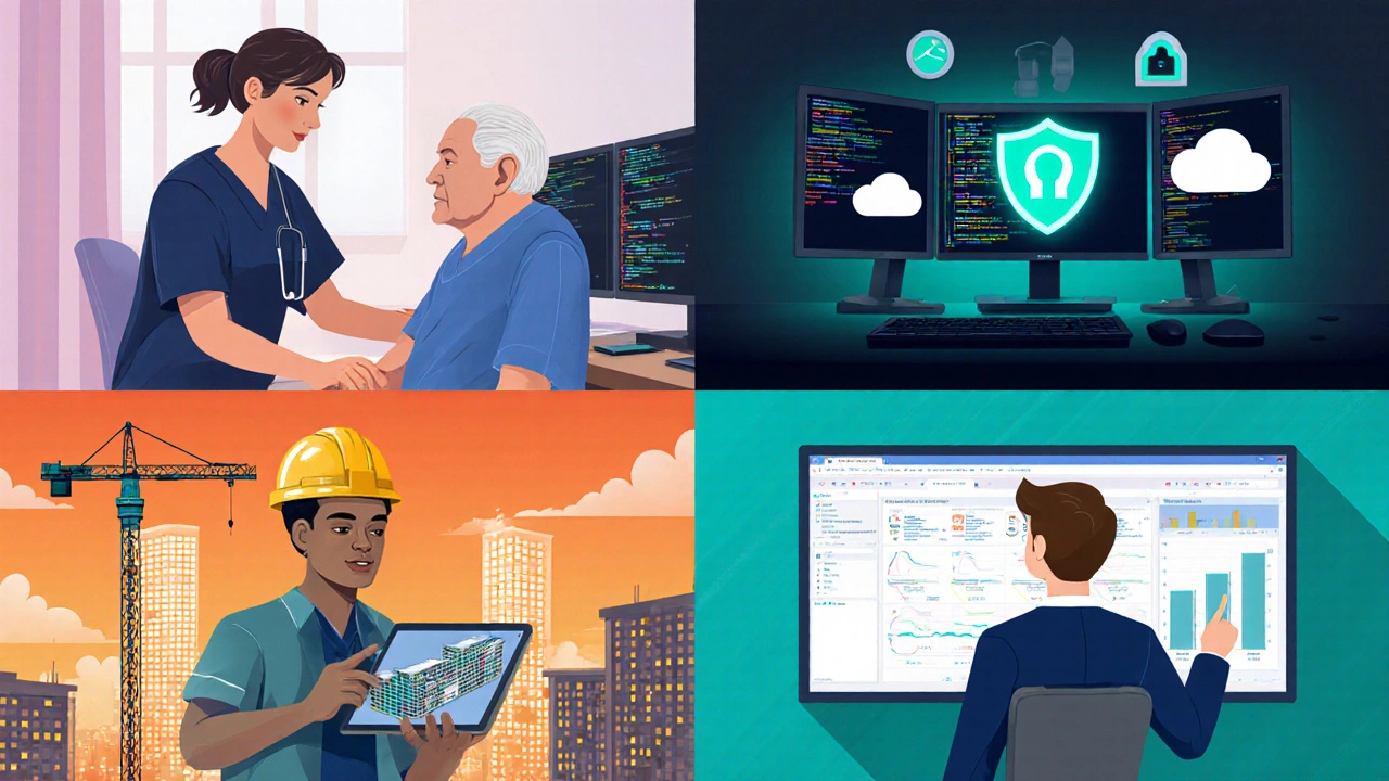 Illustrated four‑panel view showing healthcare, IT, construction, and business students at work.