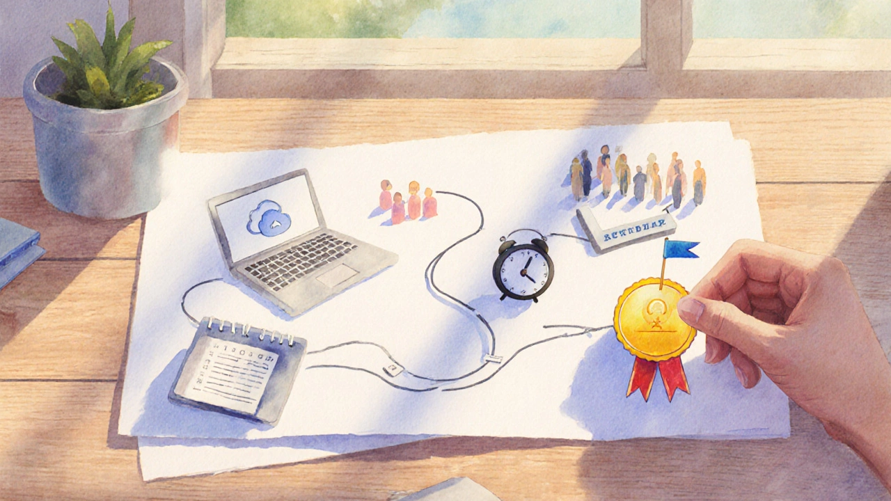 Illustrated roadmap with milestones leading to a shining certificate badge, showing study schedule and community support.