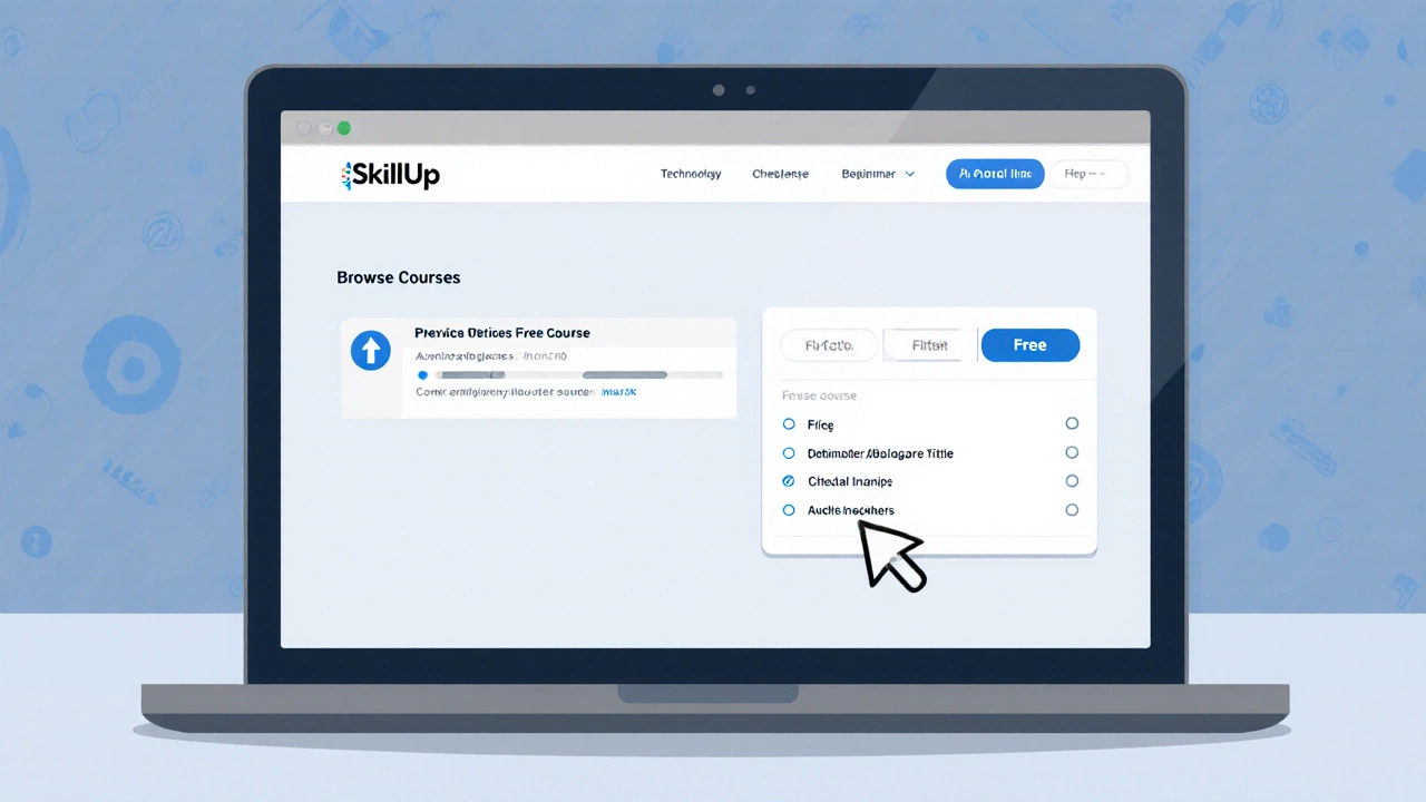 Laptop screen showing SkillUp course filter set to free, with technology and beginner checkboxes selected.