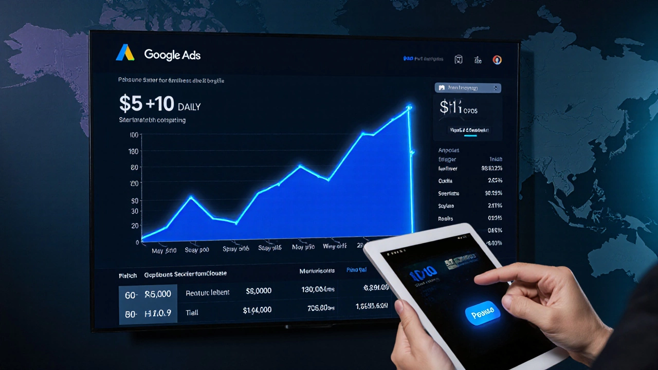 Marketer reviewing a Google Ads dashboard and adjusting campaign settings on a screen.