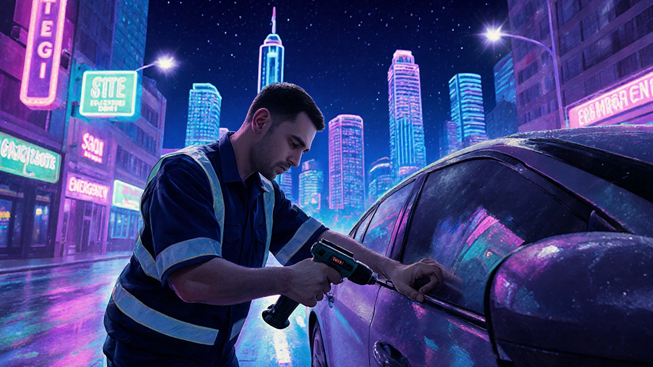 Mobile locksmith opening a car lock at night on a city street with neon lights and skyline silhouettes.