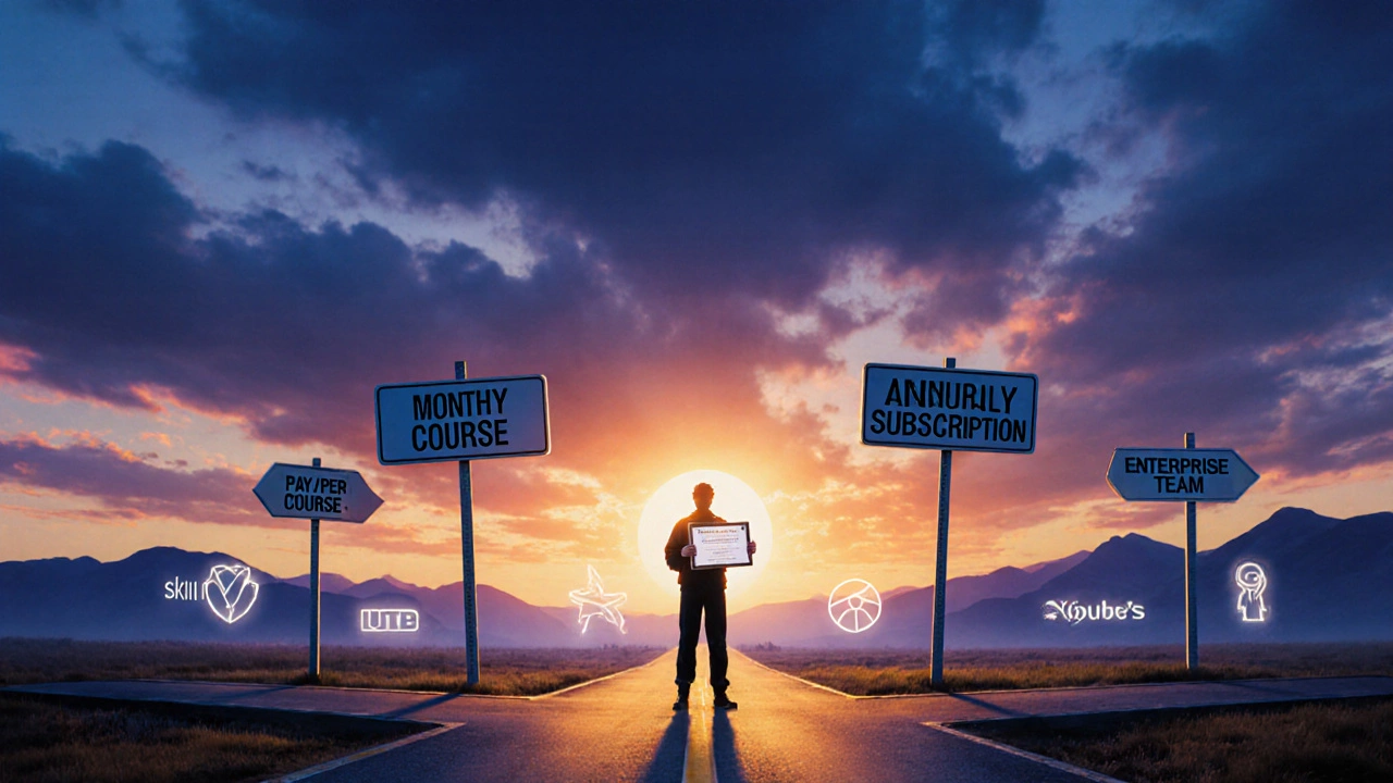Person at crossroads choosing between pay‑per‑course, monthly, annual and enterprise plans, holding a glowing certificate.