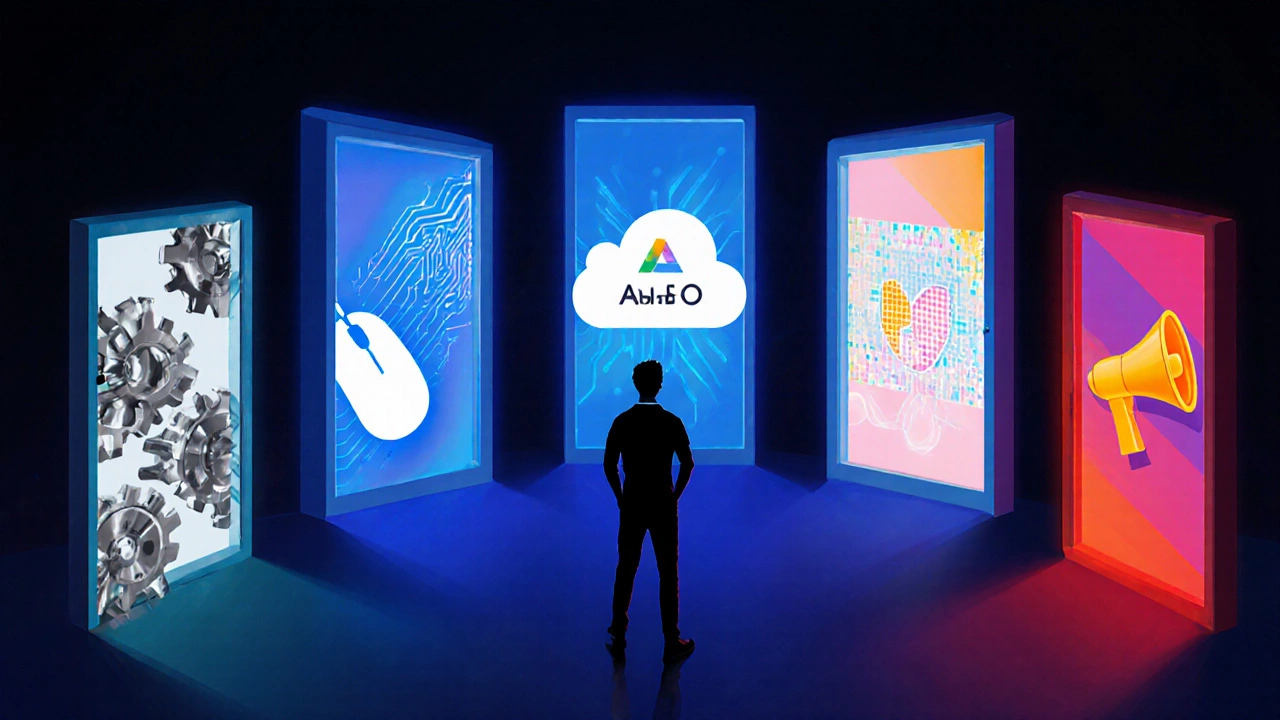 Person standing before five glowing doors, each symbolizing a top certificate like PMP, IT support, cloud, UX, and marketing.