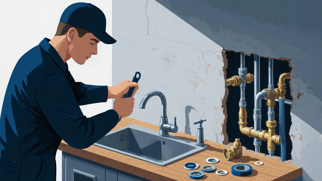 Plumber replacing a faucet, showing tools, supply lines, and cut drywall revealing hidden pipes.