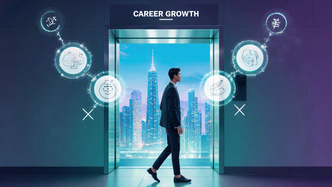 Professional walks toward glass elevator labeled Career Growth with floating job icons.