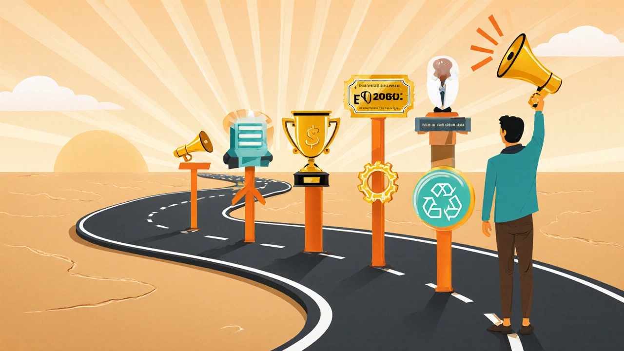 Roadmap scene with milestones representing steps to seven‑figure digital marketing success.