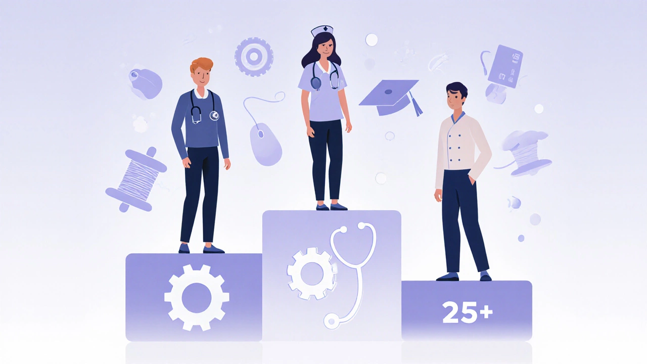 Silhouettes of three age groups on platforms representing engineering, nursing, and hospitality.
