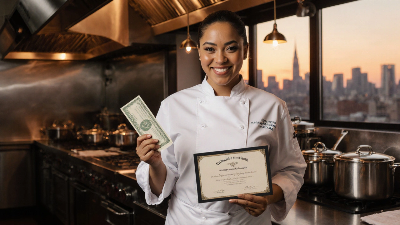 Single mother chef holds certificate and paycheck in a kitchen at sunset.