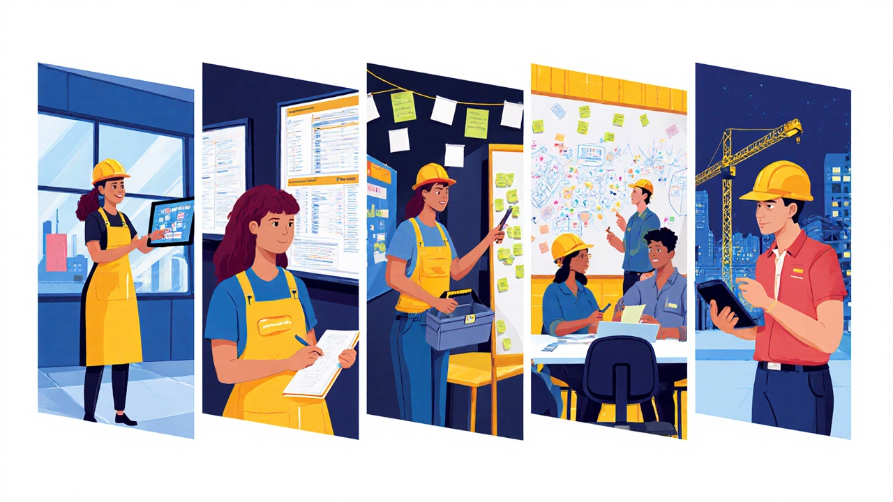 Split scene shows women in lab simulation, classroom, apprenticeship site, bootcamp, and co‑op placement.