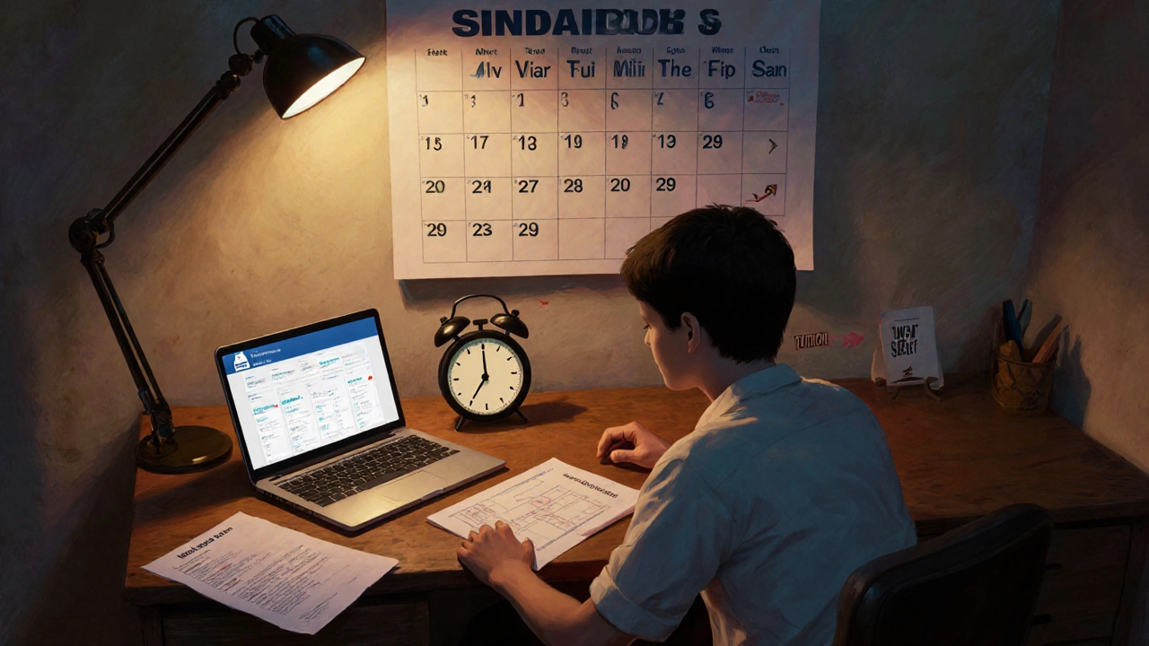 Student at a desk plans diploma timeline with calendar, invoices, laptop, and clock under warm evening light.