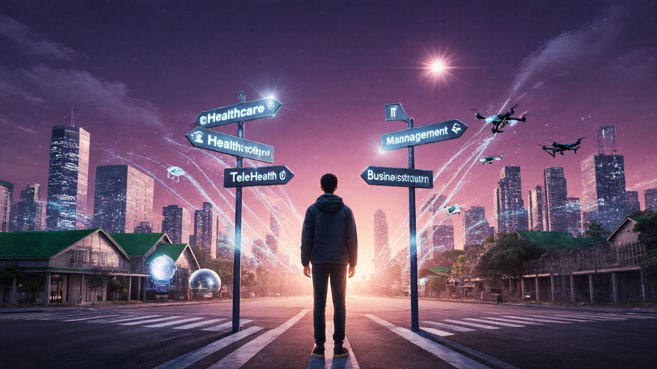 Student at crossroads with signposts toward diploma fields, futuristic city background.