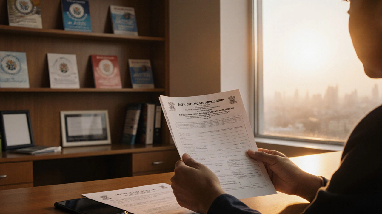 Student reviewing birth certificate and application form in a bright admission office.