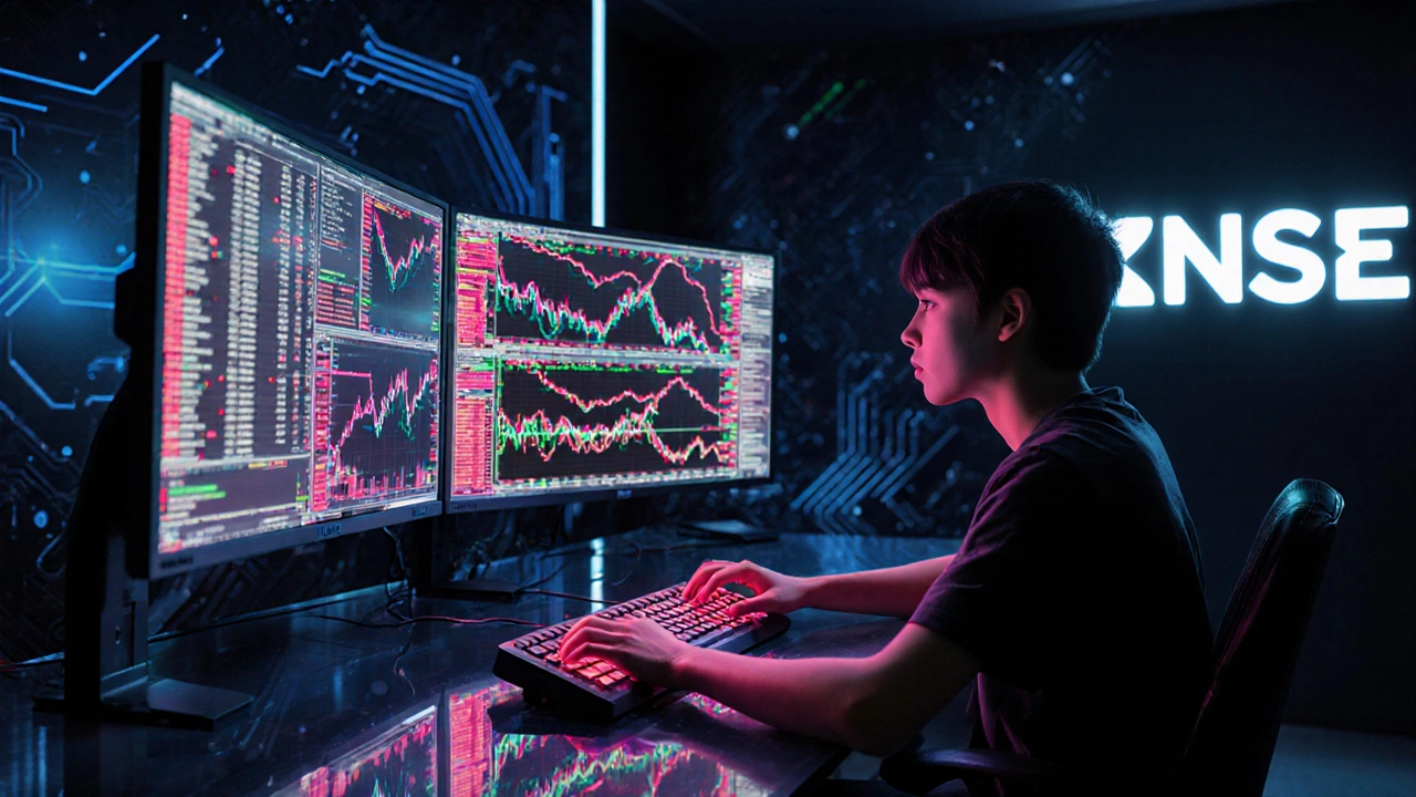 Student working at multiple monitors showing a simulated trading platform.