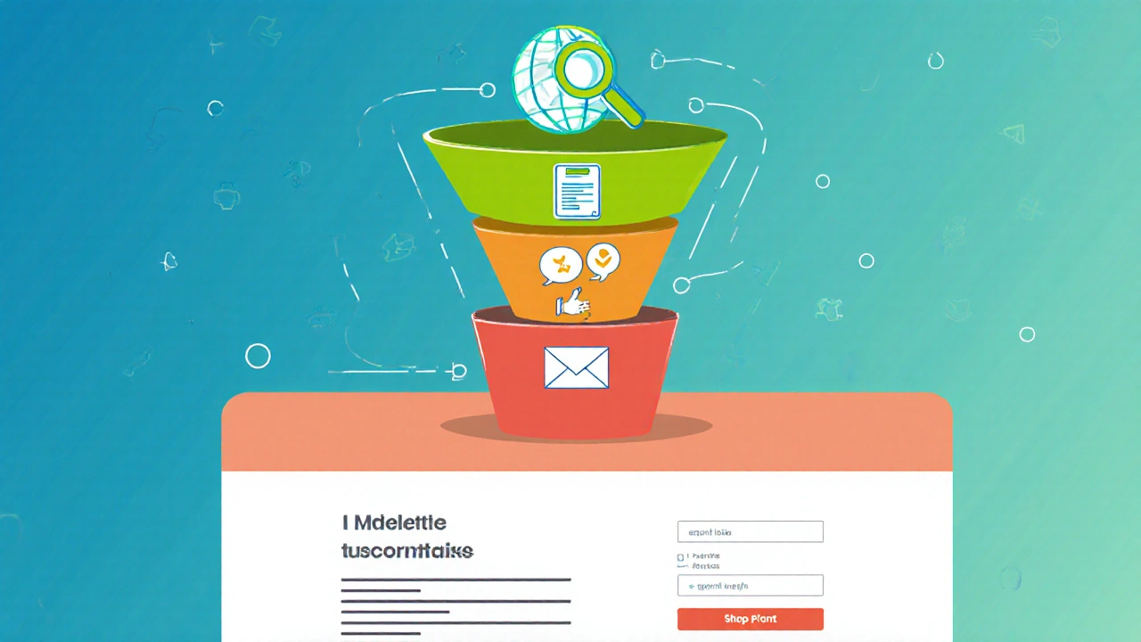 Vector illustration of a three‑stage marketing funnel with SEO, email, and ad icons.