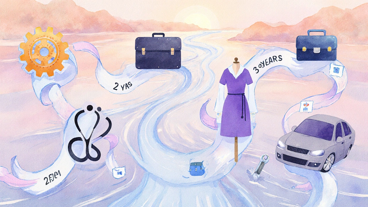 Watercolor river splits into six streams with icons for different diploma fields and ribbons indicating duration.