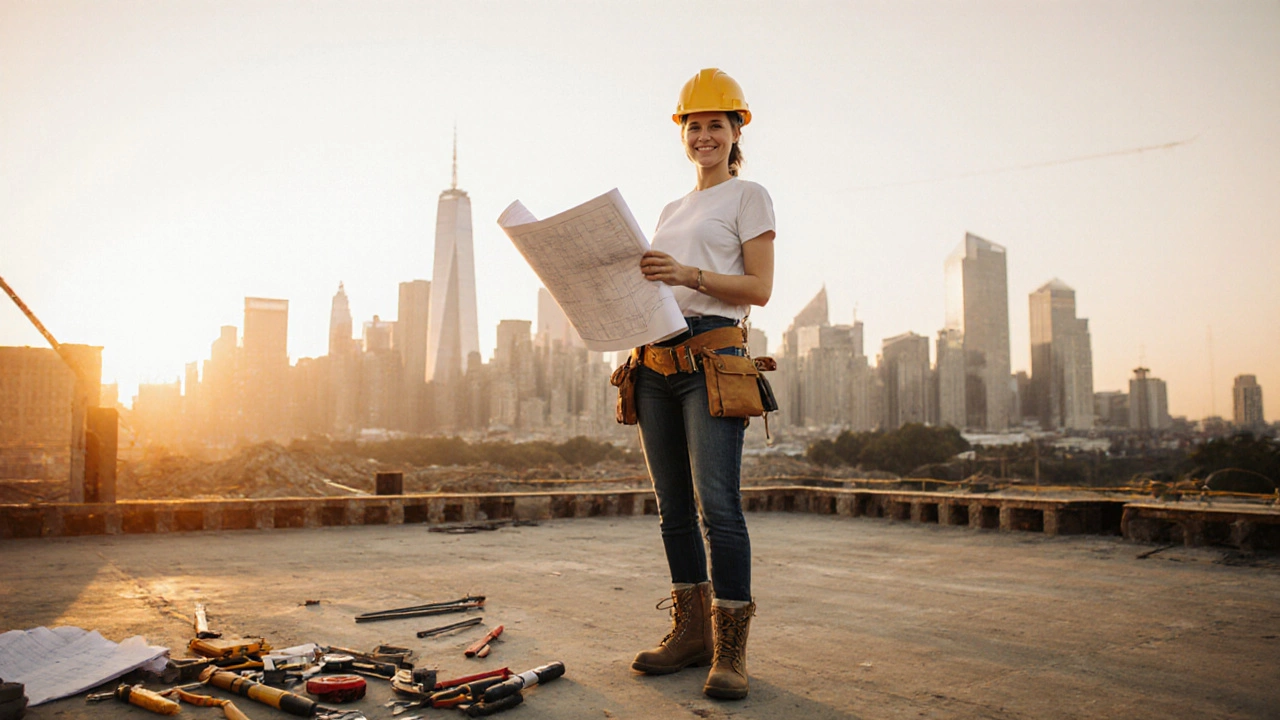 Woman in work boots on construction site at sunset holding a blueprint.