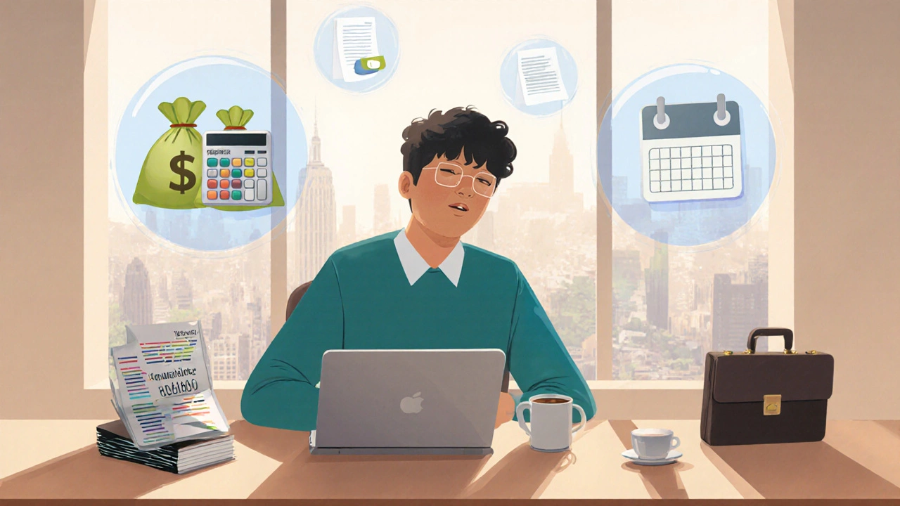 Young adult at a desk with laptop, brochures, calculator, and floating icons of money and calendar.