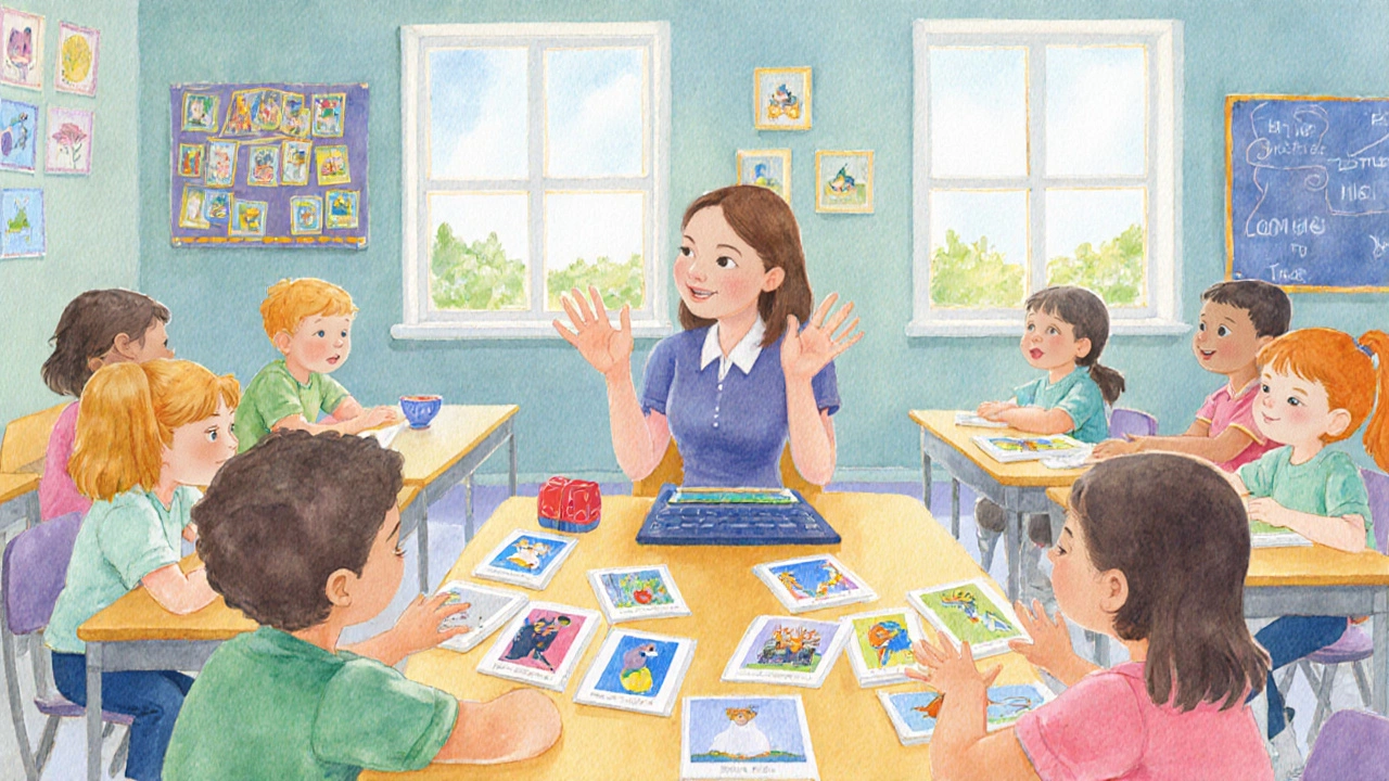 Young children learn English in a bright, small‑classroom Nordic setting.