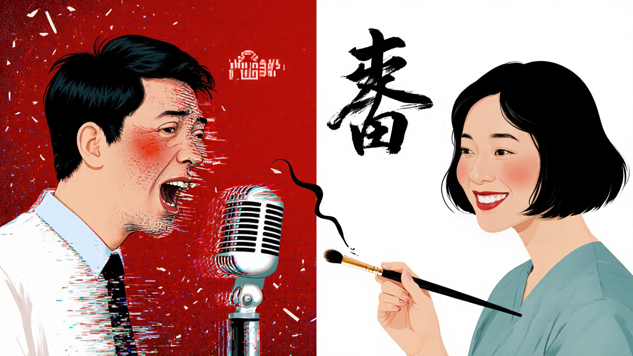 A split visual showing a learner mispronouncing tones as &#039;mother&#039; turns into &#039;horse&#039; beside a calligrapher writing the character.