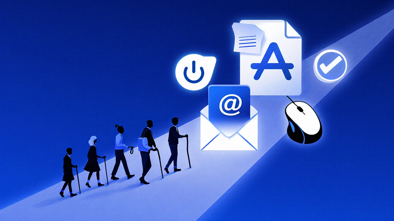 A symbolic path of computer icons leading people from confusion to confidence.