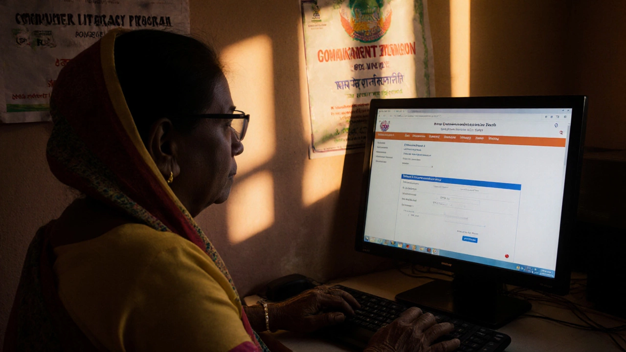 An older woman submitting a pension application on a library computer in India.
