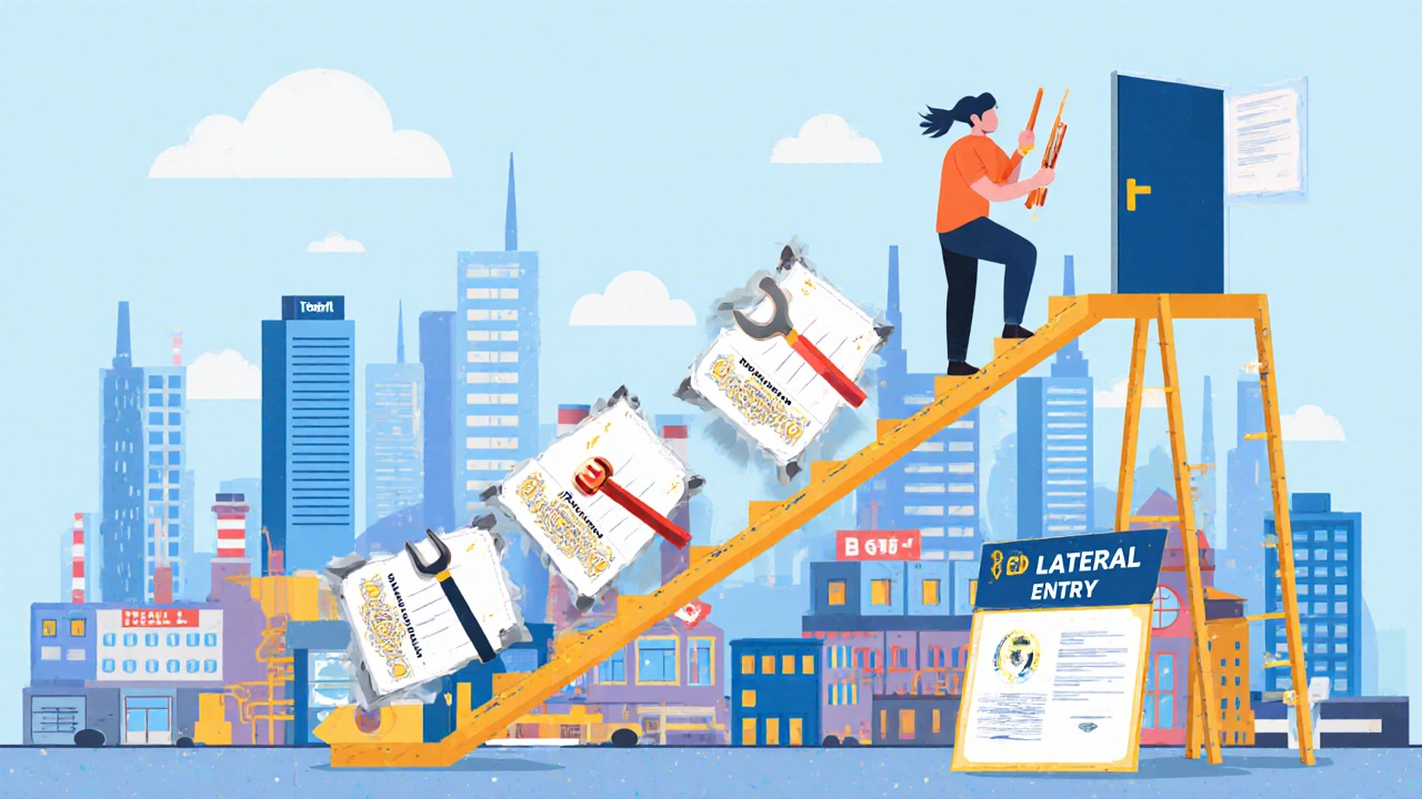 Diploma holder climbing a ladder of career paths toward higher education