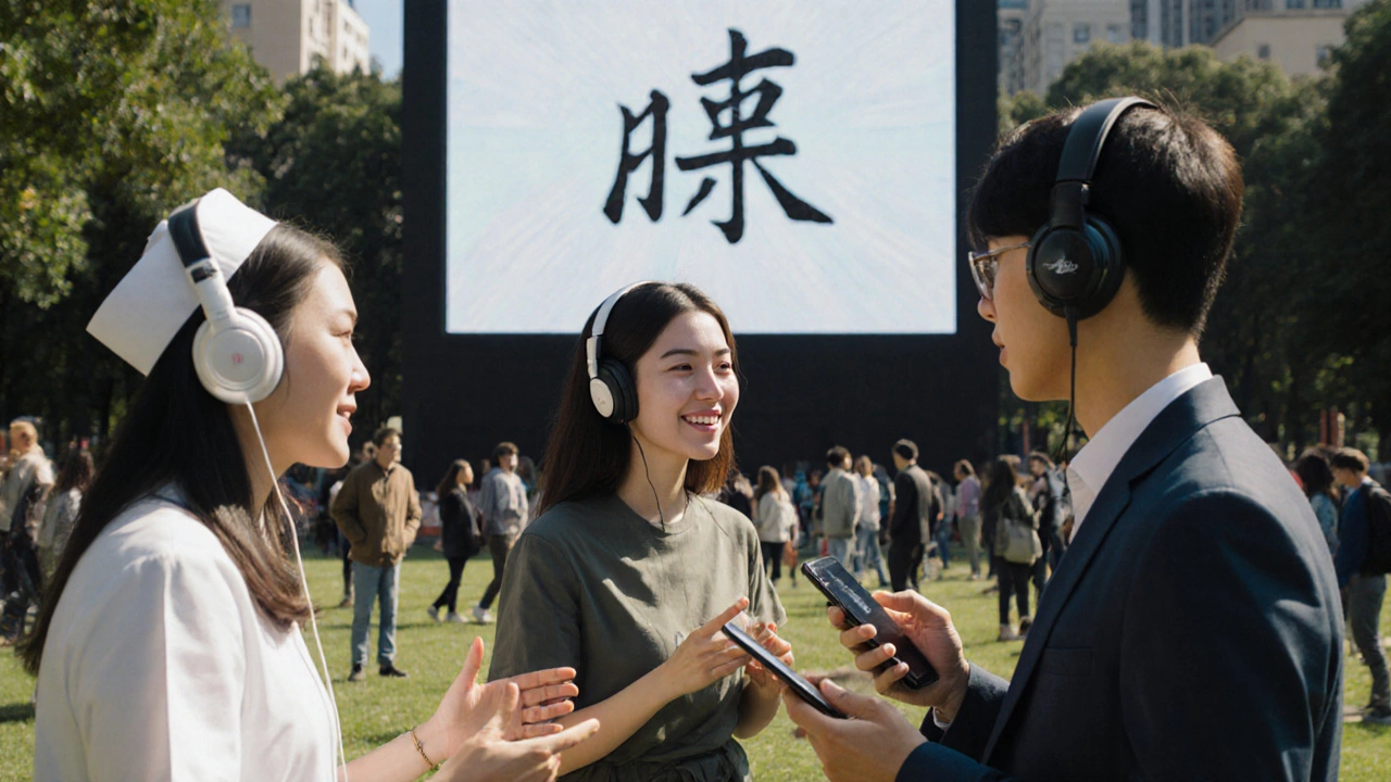 Diverse learners practicing Mandarin aloud in a park, with a giant character evolving behind them.