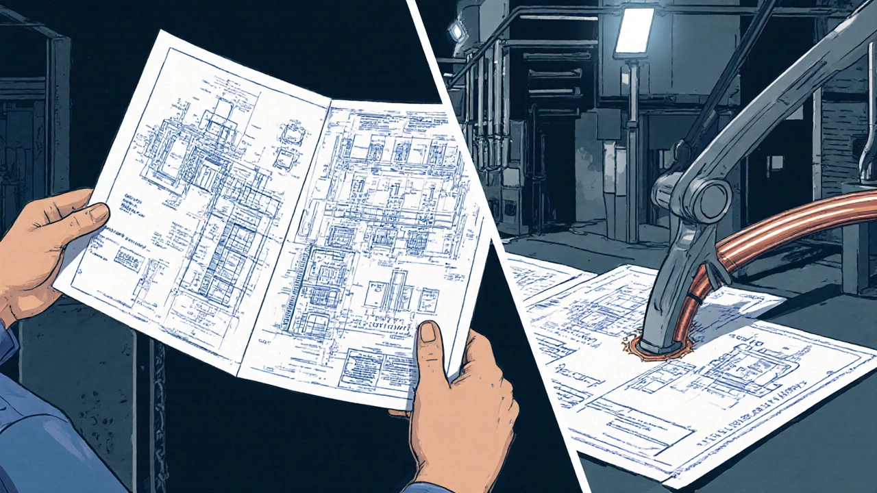 Electrician reading blueprints while bending copper conduit in a commercial setting.