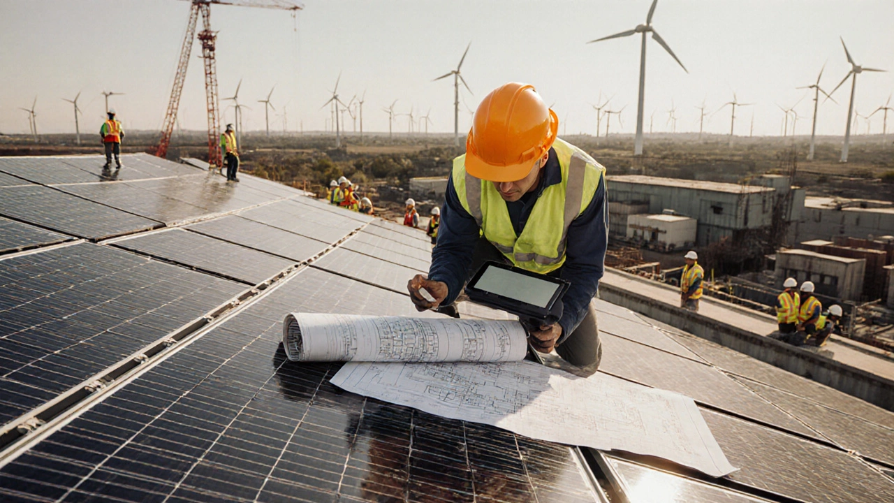 Engineer inspecting solar panels on a rooftop grid