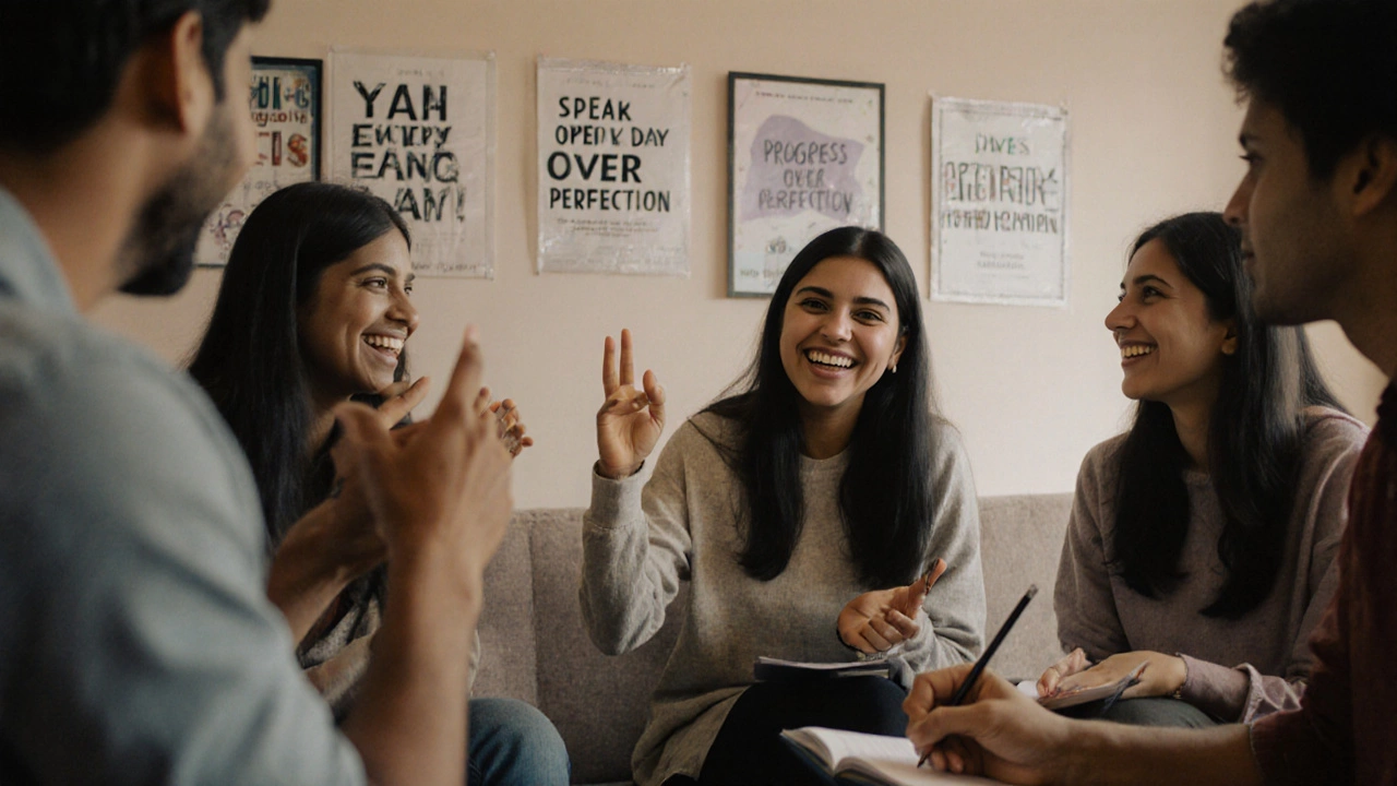 Group of young Indians speaking English together in a community space, smiling and engaged.
