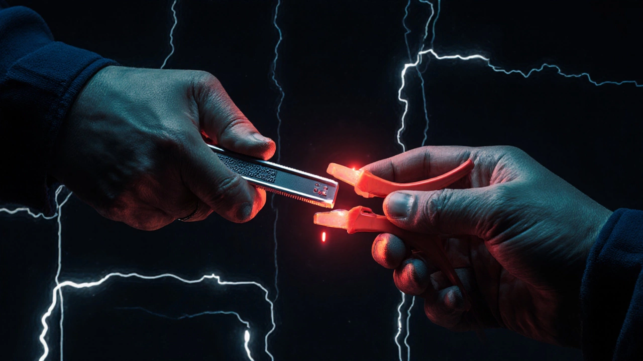 Hands of an electrician tightening a terminal with glowing electrical circuits in background.