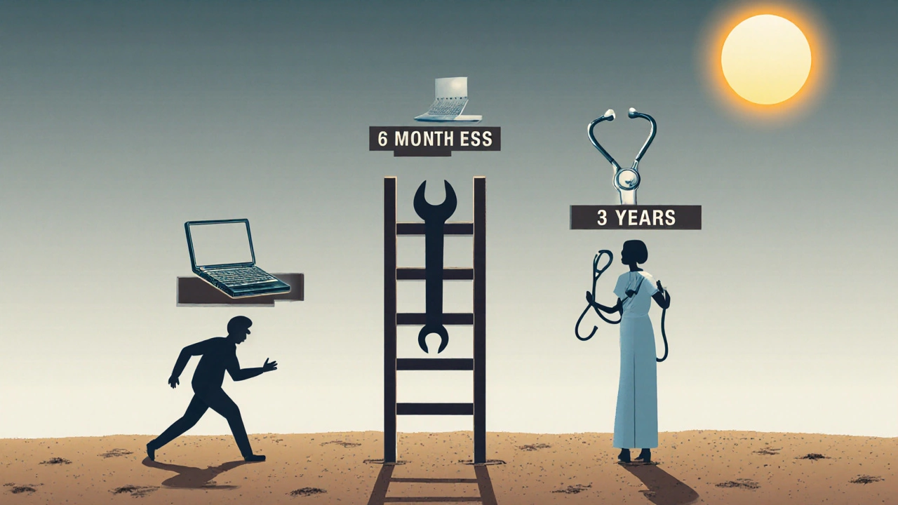 Ladder with three educational durations symbolized by laptop, wrench, and stethoscope rising toward sunlight.