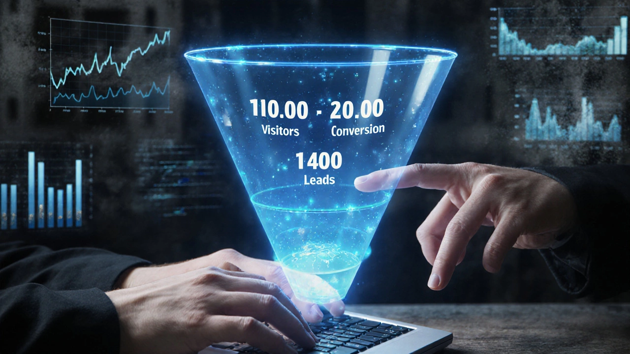 Marketer using AI tools to visualize a conversion funnel with rising traffic and leads.