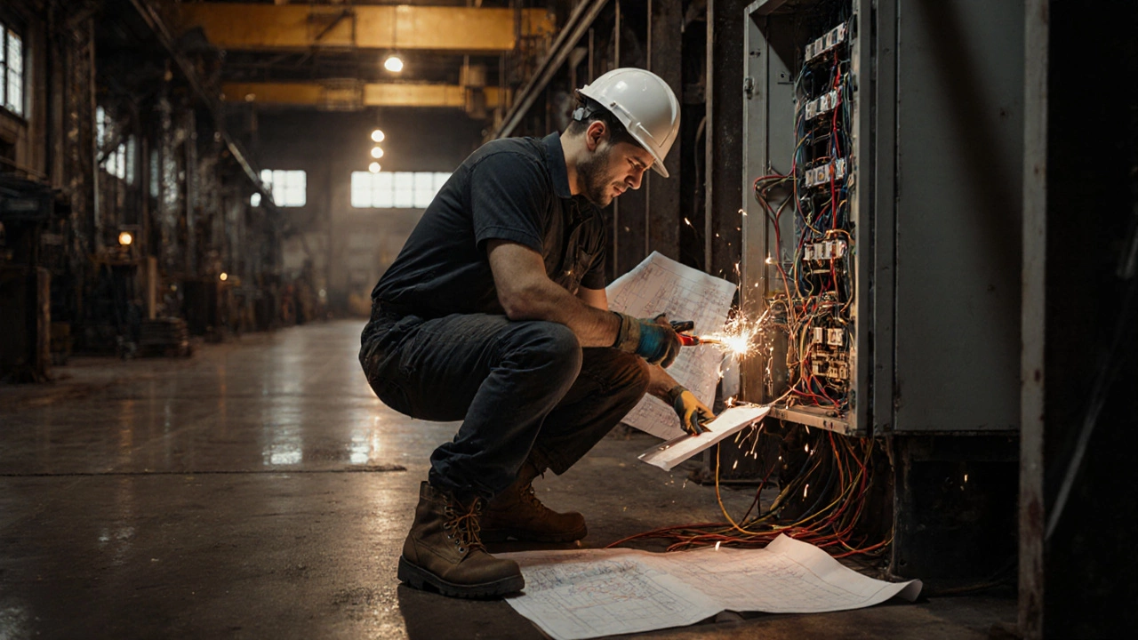 Master electrician working on industrial machinery wiring in a factory with tools and blueprint nearby.