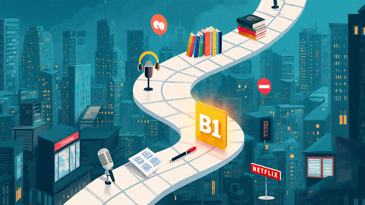 Path through Indian city with daily English activities leading to a B1 certificate.