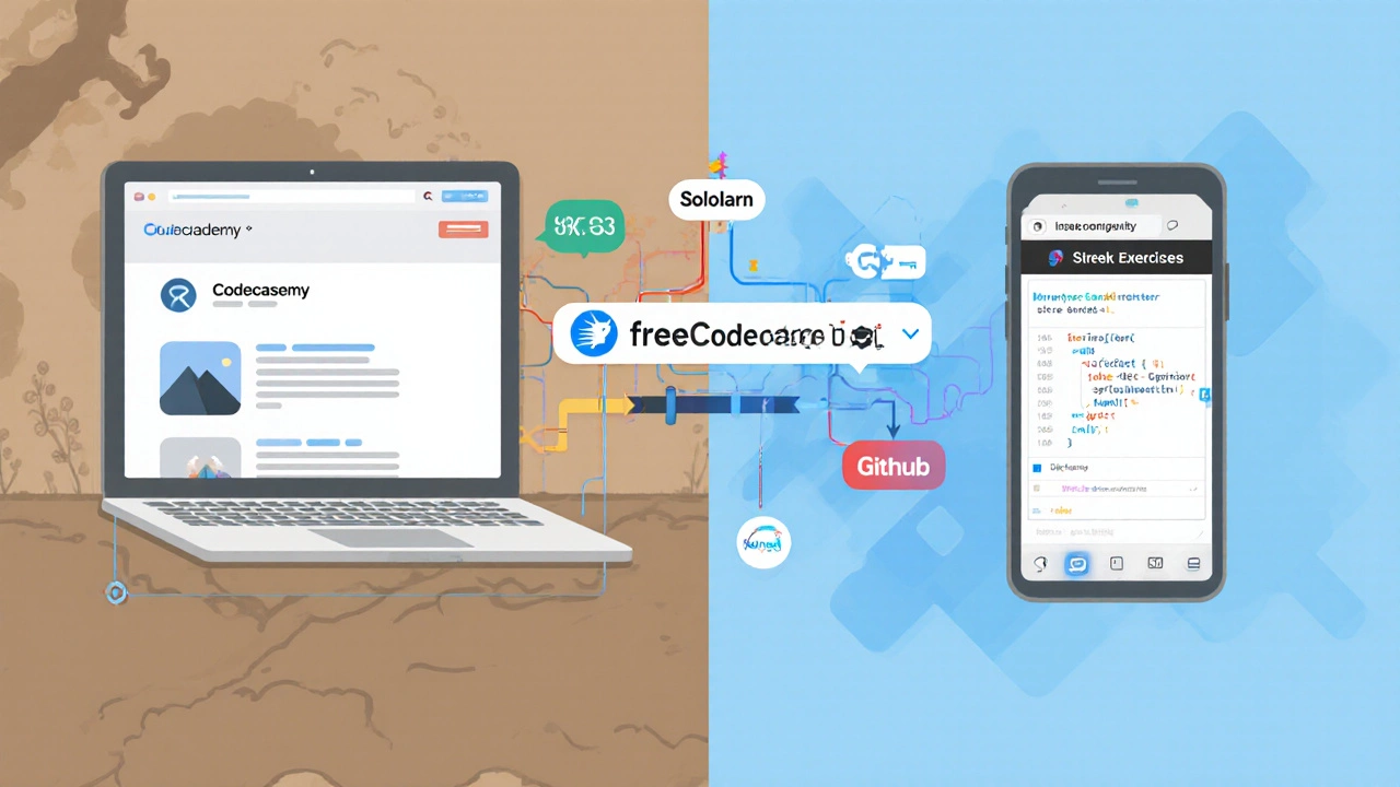 Split image showing Codecademy project on laptop and Sololearn streaks on phone, connected to freeCodeCamp and GitHub.