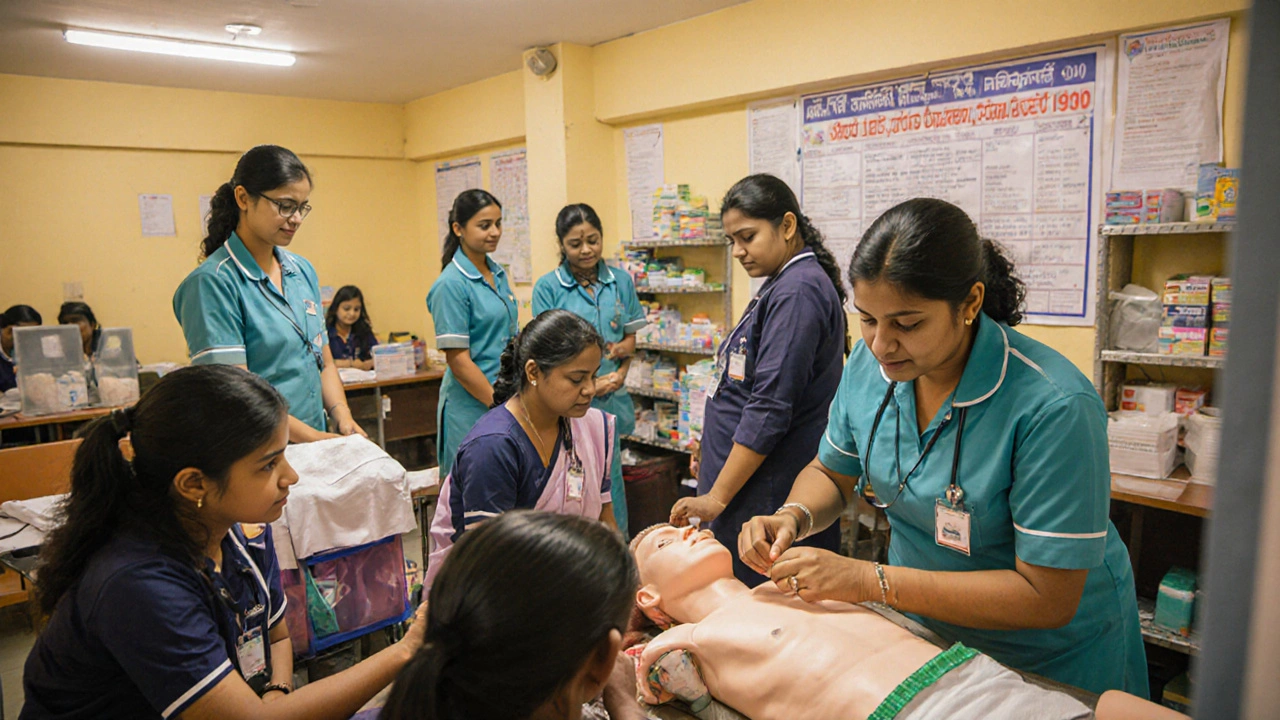 Students practicing nursing skills with mannequins in a vocational training center
